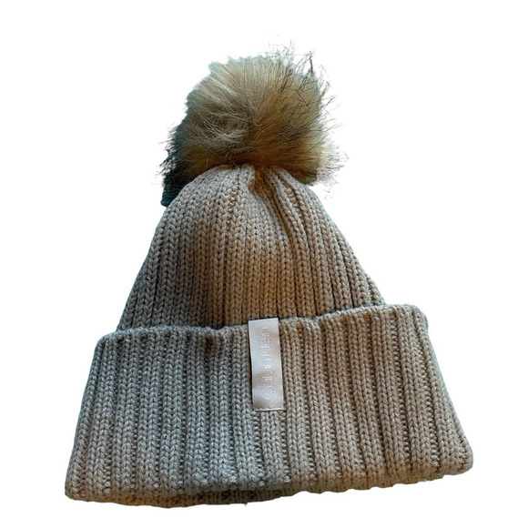 New Calvin Klein Winter Hat Womens Tan Cozy Warm Beanie Hat With Faux Fur Pom - Picture 1 of 7